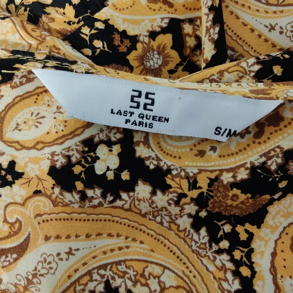 Last Queen perfect Autumn Maxi Dress gold & black Paisley 1/2 button front SM - Picture 9 of 10